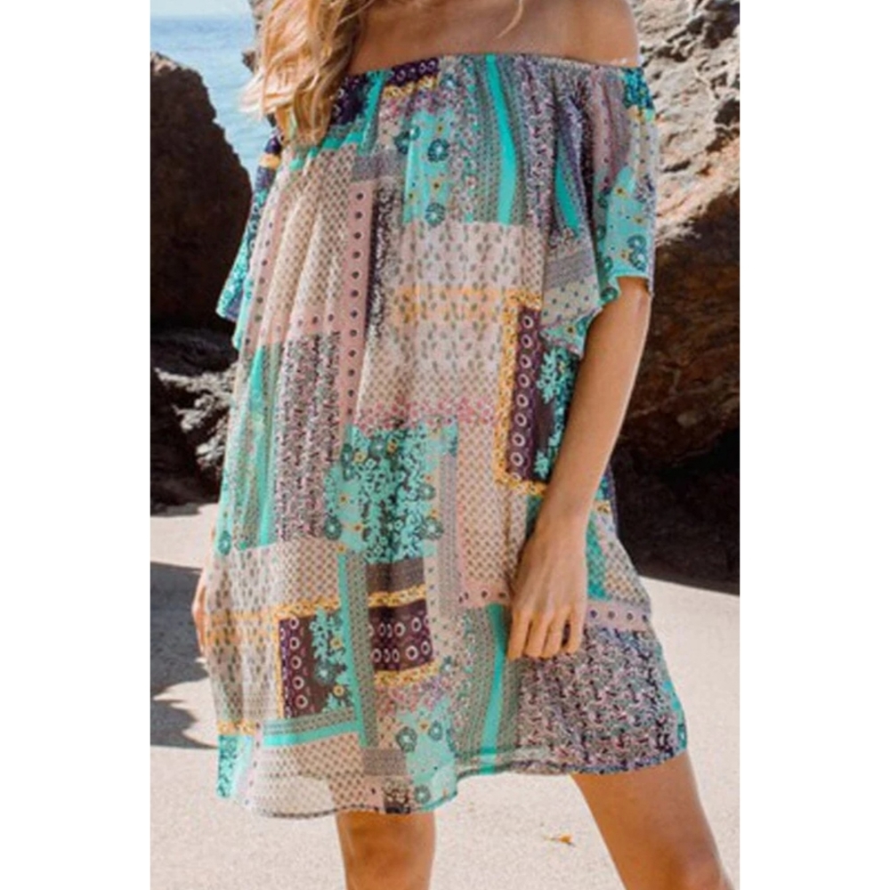 41 Teal flowy boho patchwork off the shoulder flounce sleeve tunic dress